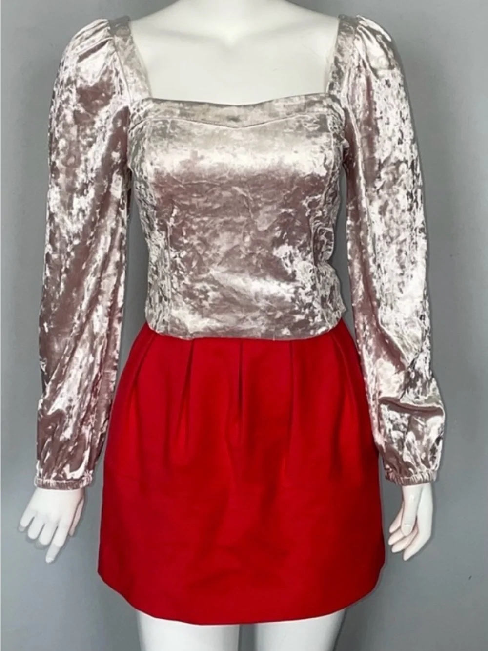 Anthropologie Jessima Neutral Blush Velvet Square Neck Puff Sleeve Top L